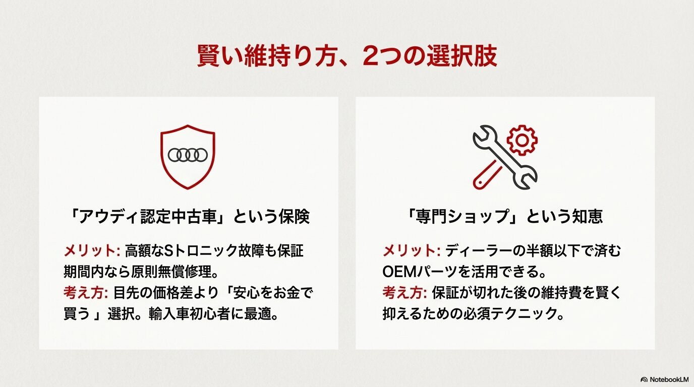 安心を買う認定中古車と、維持費を抑えるための専門ショップでのOEMパーツ活用という2つの選択肢