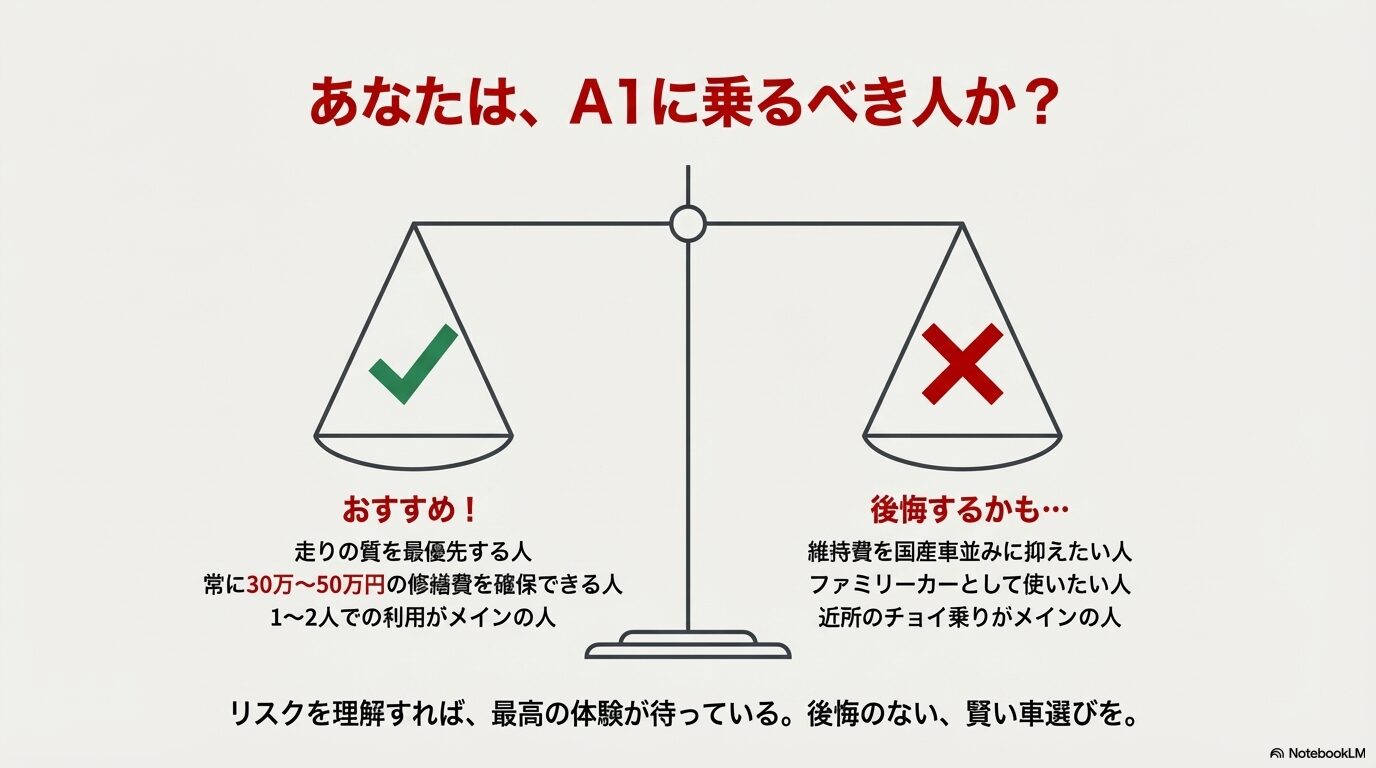 アウディA1購入に向いている人の特徴（走り重視など）と、向いていない人の特徴（維持費重視など）を天秤で比較した図