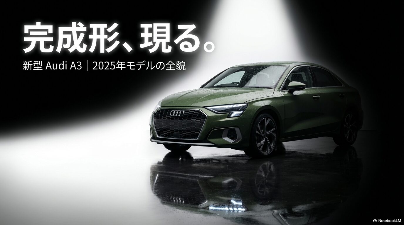 2025年モデル新型アウディA3の紹介スライド。現役整備士が内燃機関モデルの完成形と語る導入部分。