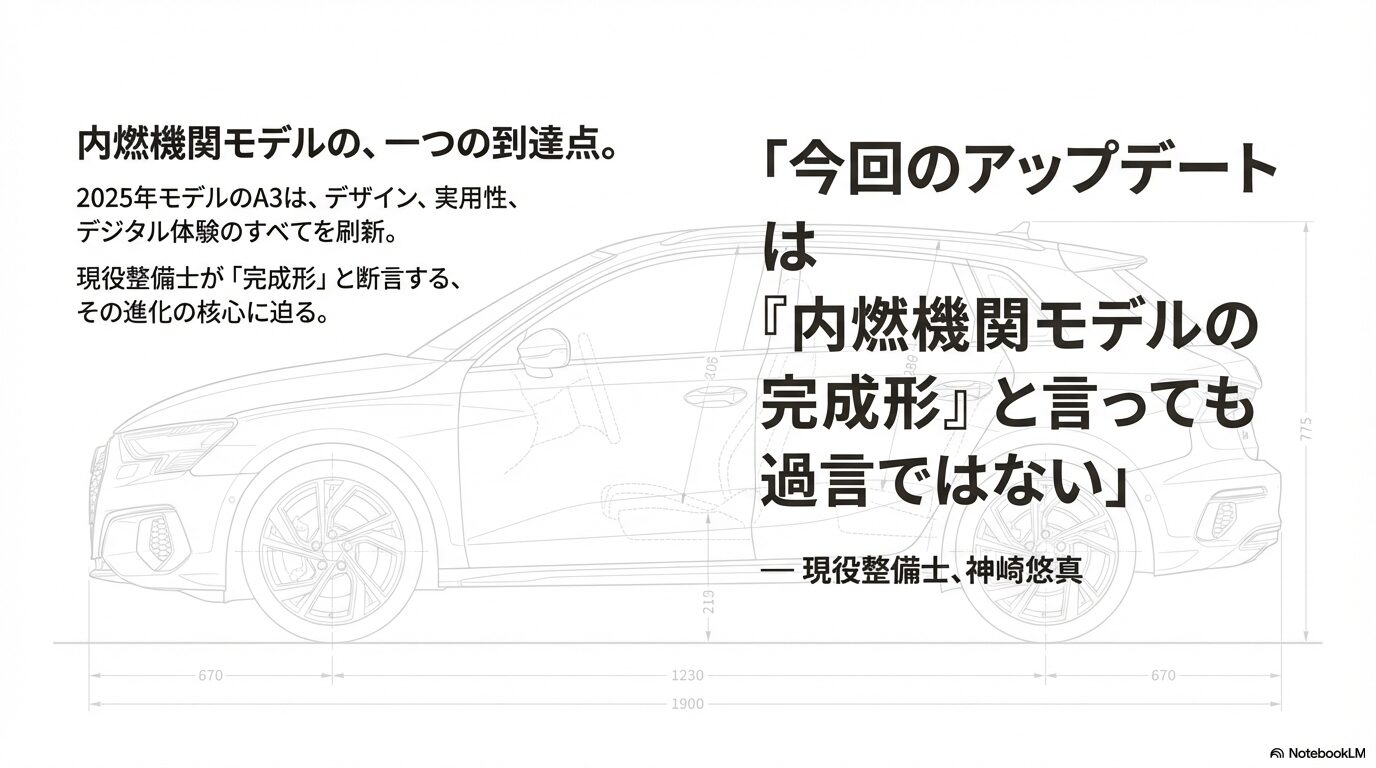 2025年モデル新型アウディA3の紹介スライド。現役整備士が内燃機関モデルの完成形と語る導入部分。