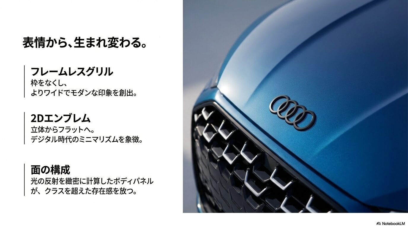 新型アウディA3の外装デザイン変更点。枠のないフレームレスグリルやフラットな2Dエンブレム、緻密なボディパネルの解説。