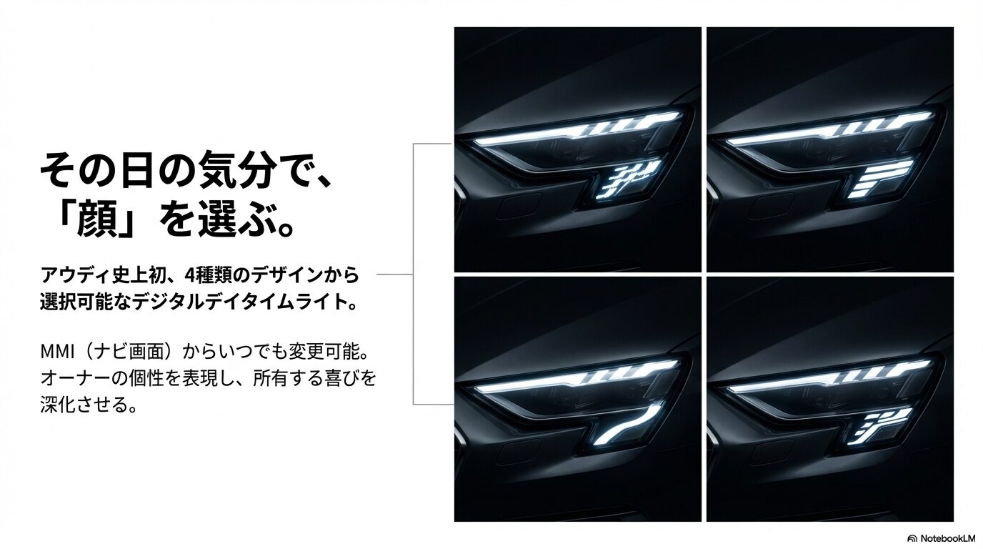 新型アウディA3のデジタルデイタイムライト。MMIから選択可能な4種類の点灯パターンの比較画像。