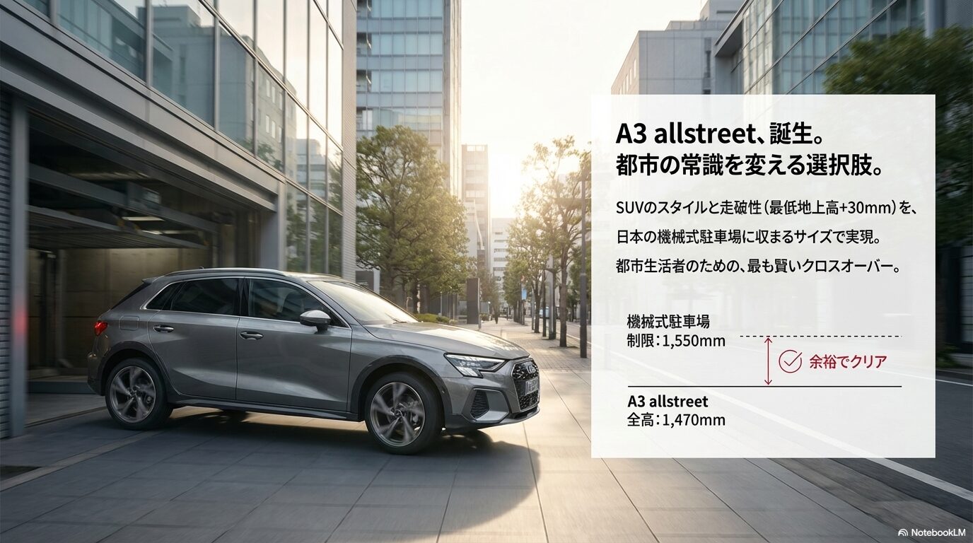 新型A3 allstreetの全高1,470mmが、一般的な機械式駐車場の制限1,550mmを余裕でクリアすることを示す比較図。