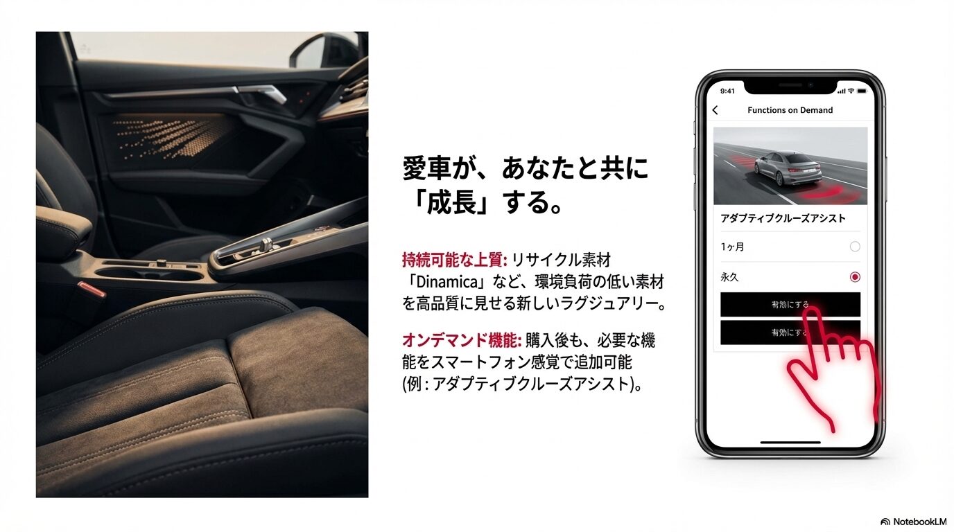 リサイクル素材Dinamicaを採用した内装と、スマートフォンで機能を追加できるオンデマンド機能のイメージ図。