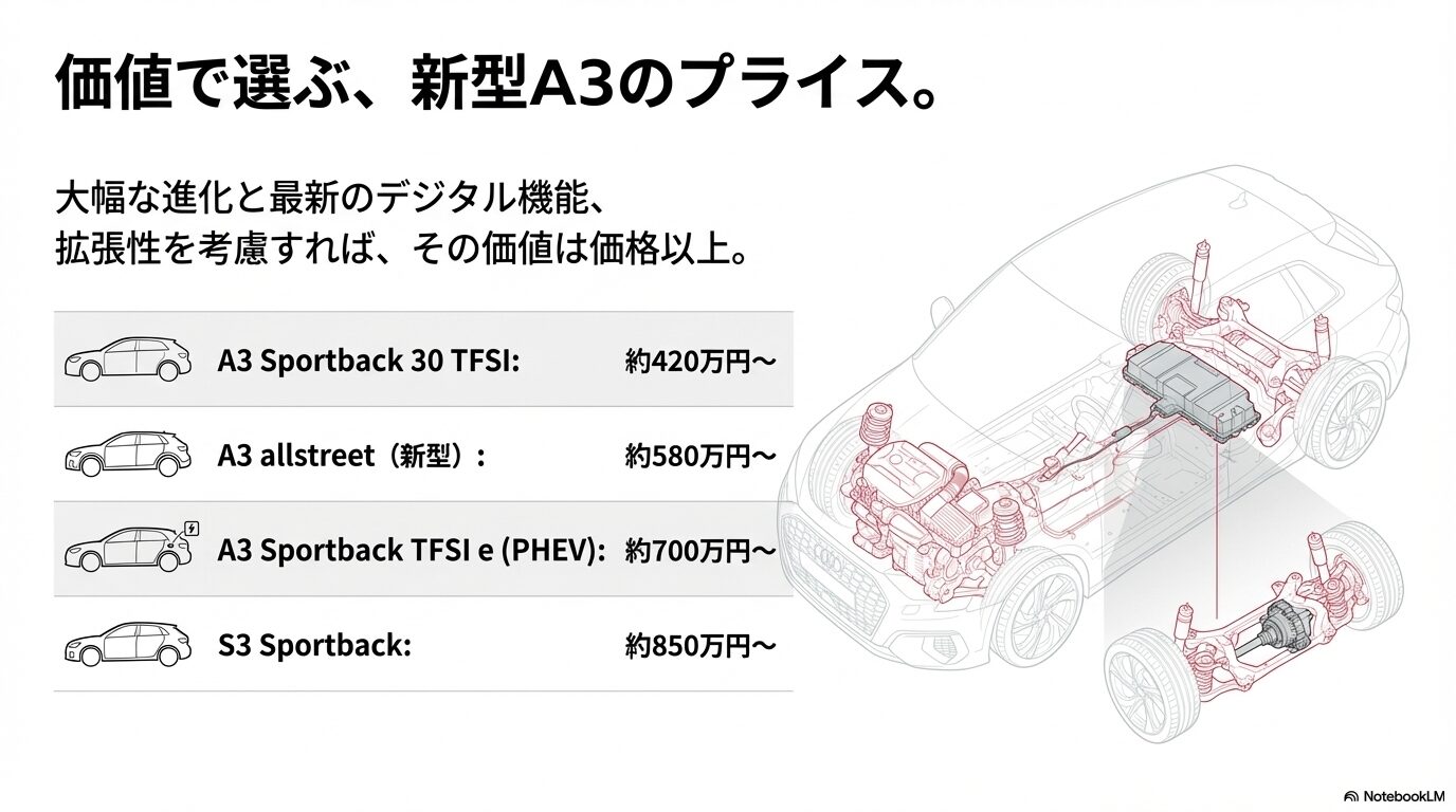 新型アウディA3の各モデル（30 TFSI、allstreet、PHEV、S3）の日本発売時の予想価格をまとめたリスト。