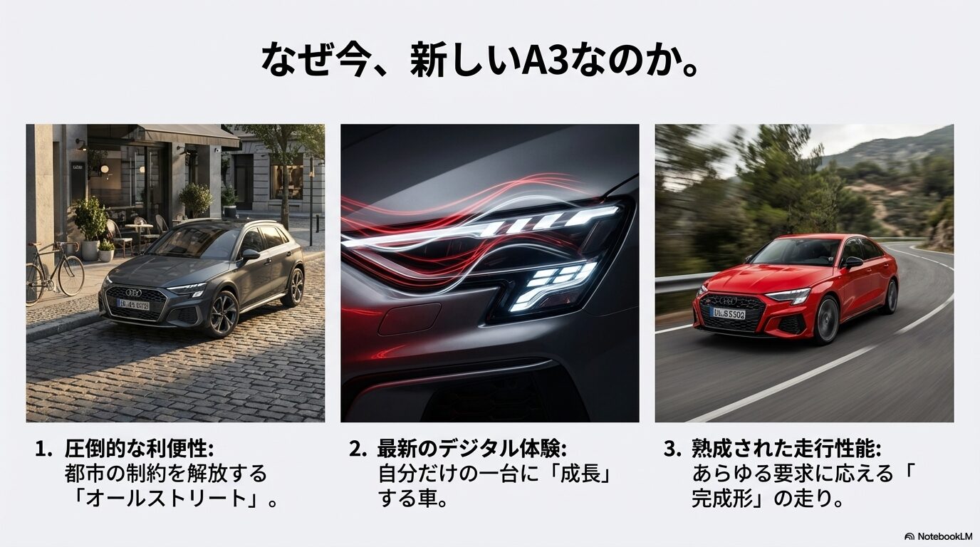 新型アウディA3の総括。利便性、デジタル体験、熟成された走行性能の3つのポイントと、内燃機関の集大成としてのメッセージ。
