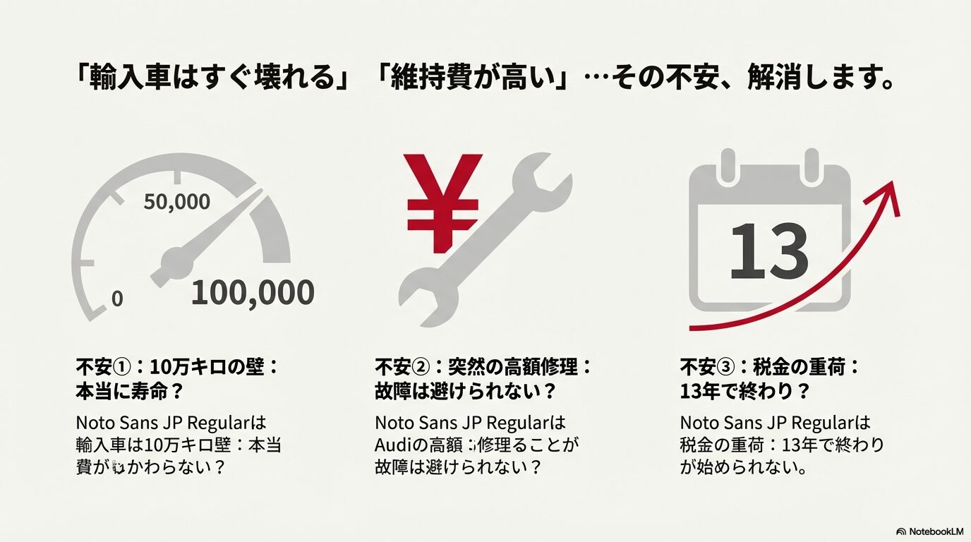 アウディA3の維持に関する10万キロの壁、高額修理、13年目の税金という3つの不安を解消するための図解。