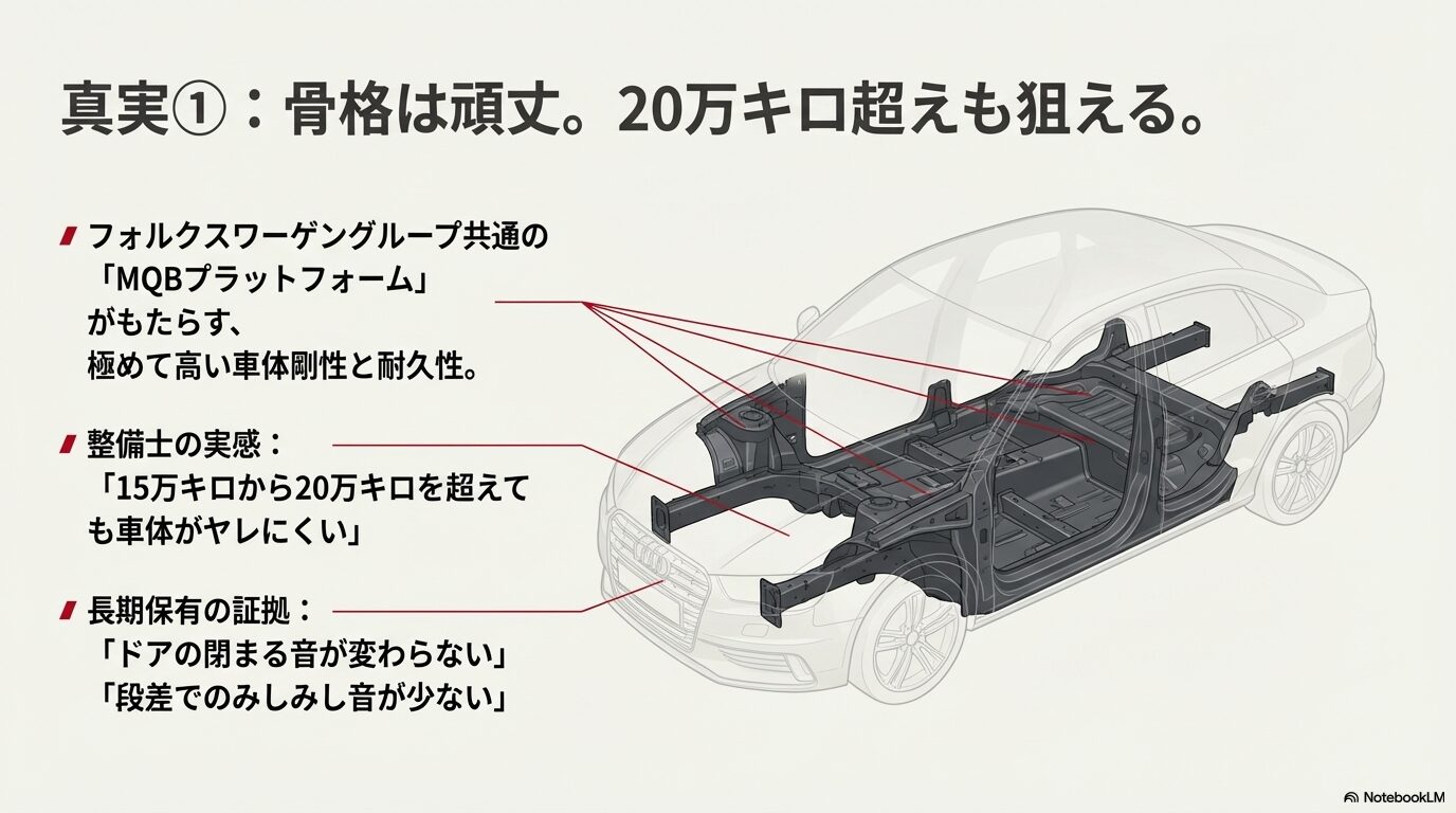 フォルクスワーゲングループ共通のMQBプラットフォームがもたらす高い車体剛性と、20万キロ超えを狙える耐久性の解説スライド。