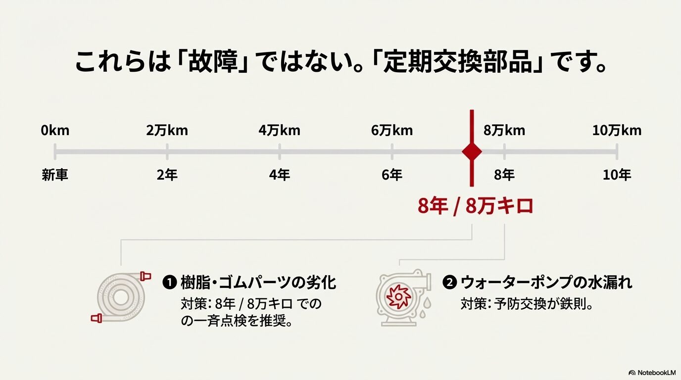樹脂・ゴムパーツの劣化やウォーターポンプの水漏れに対し、8年または8万キロでの一斉点検と予防交換を推奨するタイムライン。