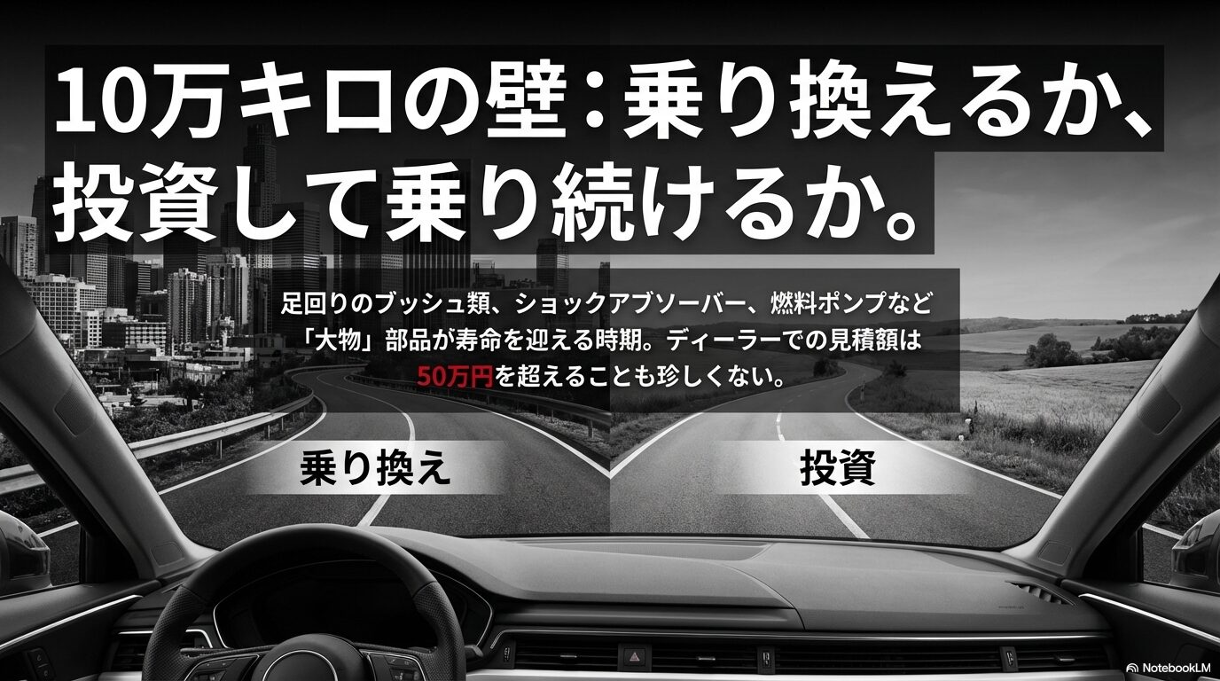 10万キロで寿命を迎える部品と、乗り換えるか50万円以上の投資をして乗り続けるかの分岐点を示す図解。