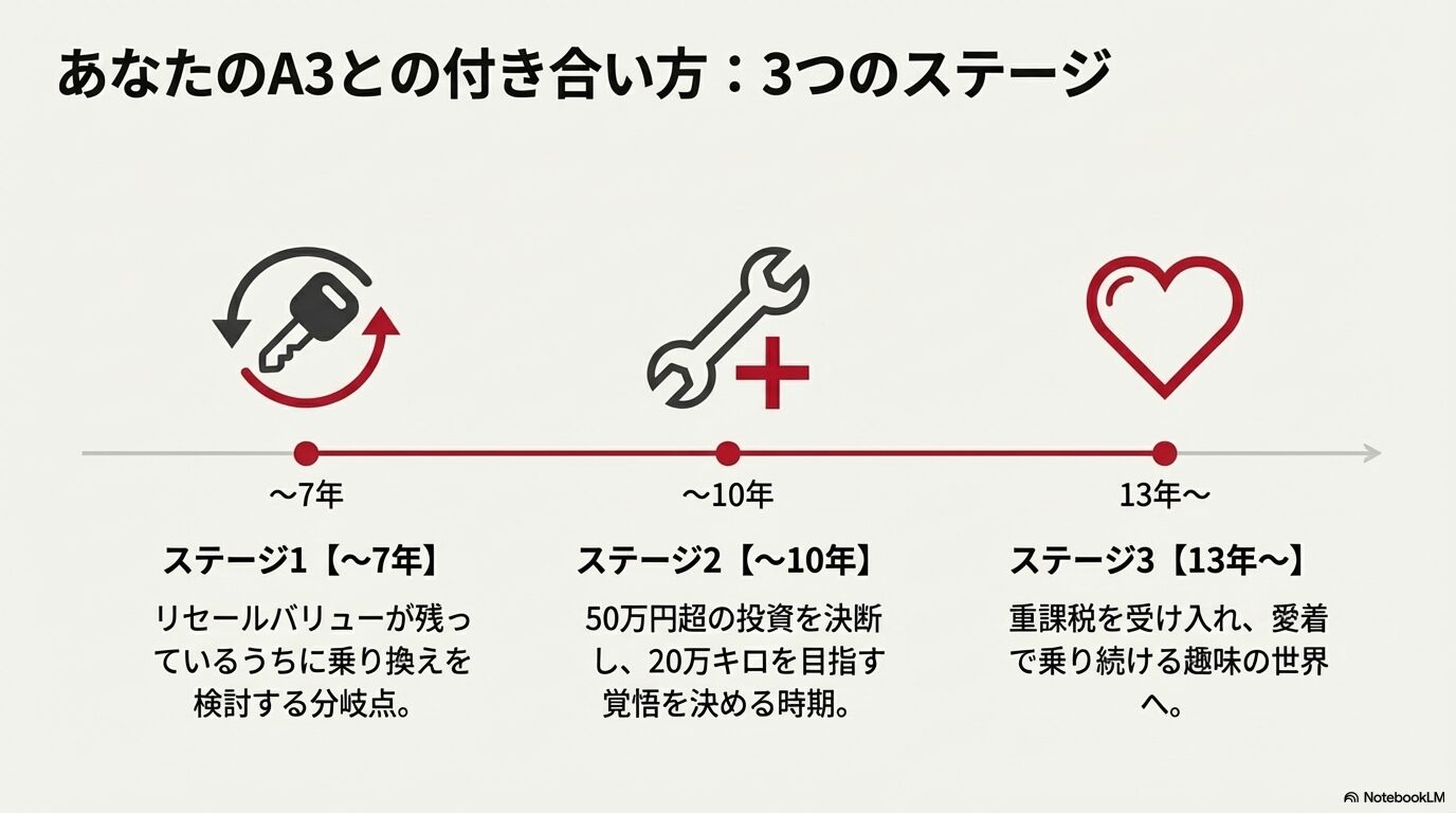 リセールバリュー、20万キロへの投資、愛着で乗る趣味の世界という、保有年数に応じた3つのステージのロードマップ。
