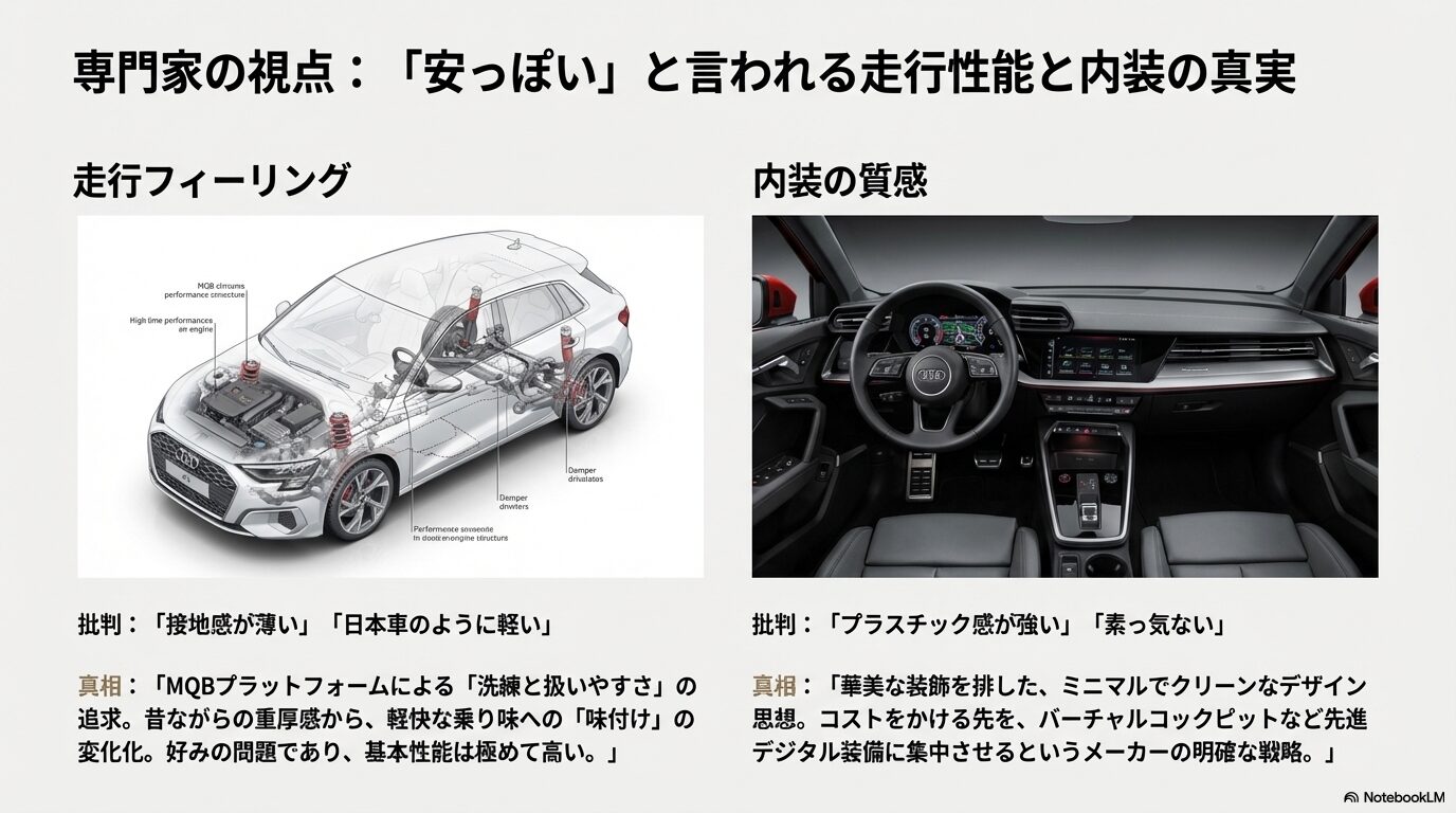 接地感の希薄さや量産的味付けなど、走行性能と品質管理に関する批判をまとめたスライド