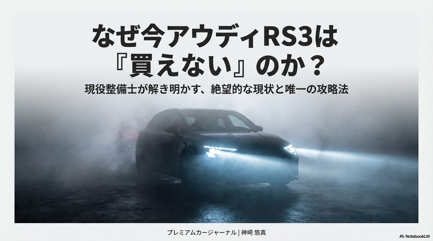 アウディRS3はなぜ今買えないのか？現役整備士が解き明かす絶望的な現状と唯一の攻略法をまとめたタイトルスライド