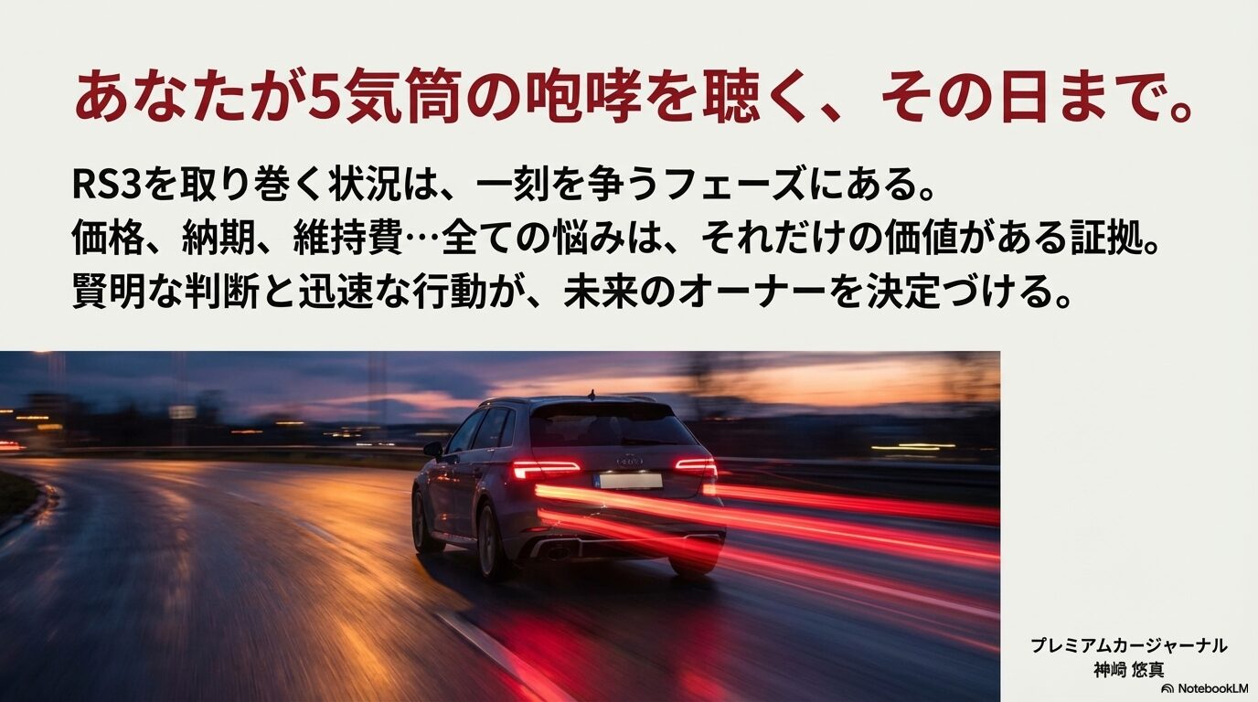 一刻を争うフェーズにあるRS3の状況と、賢明な判断と迅速な行動を呼びかける締めくくりのスライド
