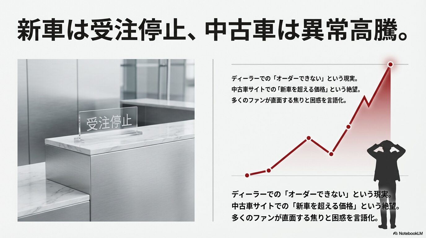 新車は受注停止、中古車は新車を超える異常高騰というアウディRS3を取り巻く絶望的な状況を説明するスライド