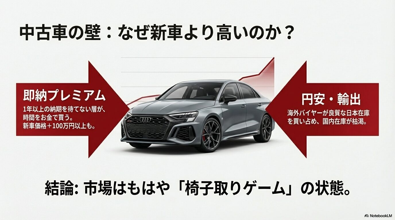 即納プレミアムや円安、海外バイヤーによる買い占めで国内在庫が枯渇し、市場が椅子取りゲーム状態であることを示すスライド