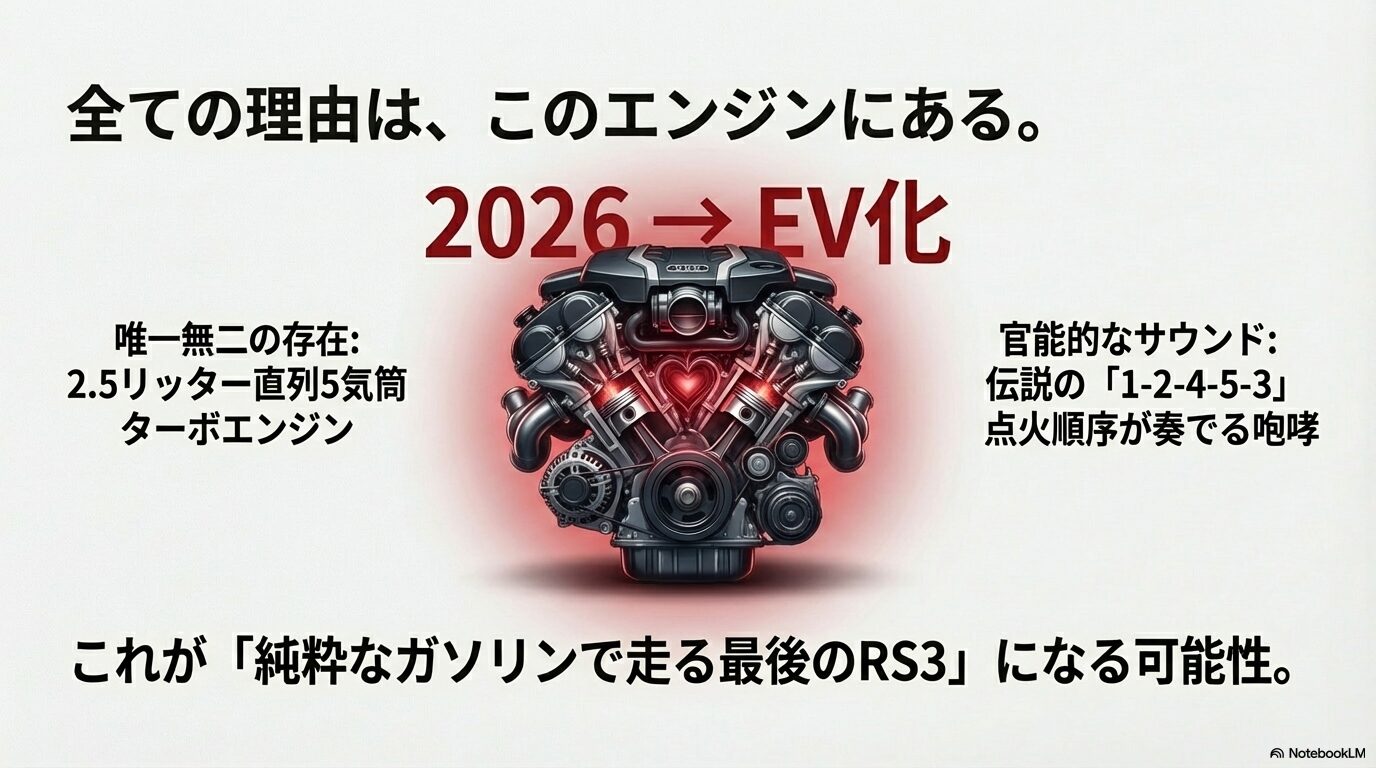 伝説の1-2-4-5-3点火順序が奏でる咆哮と、2026年のEV化を前に「最後の純ガソリンRS3」となる可能性を示したスライド