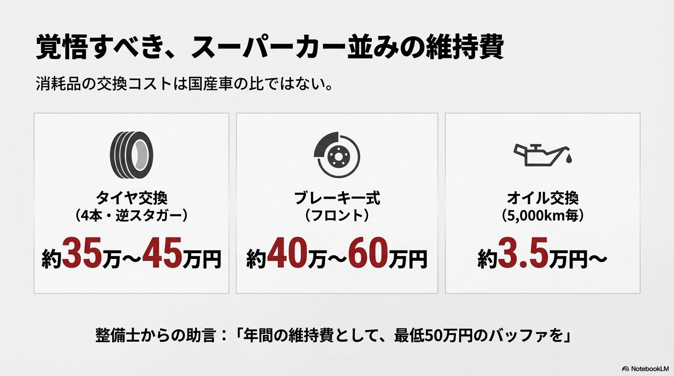 タイヤ交換（逆スタガー）、ブレーキ、オイル交換など、年間最低50万円のバッファを推奨するコスト一覧スライド