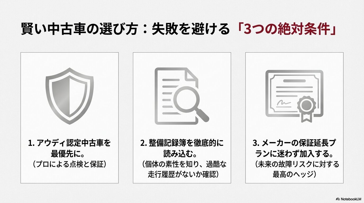 アウディ認定中古車の優先、整備記録簿の徹底確認、メーカー保証延長プランへの加入を推奨するスライド