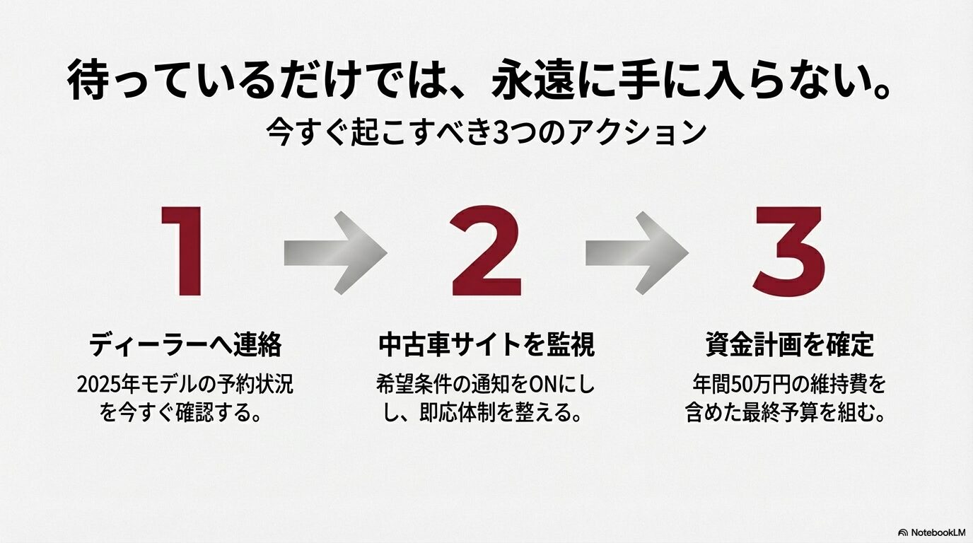 ディーラーへの予約状況確認、中古車サイトの通知ON、年間維持費を含めた資金計画確定のアクションスライド