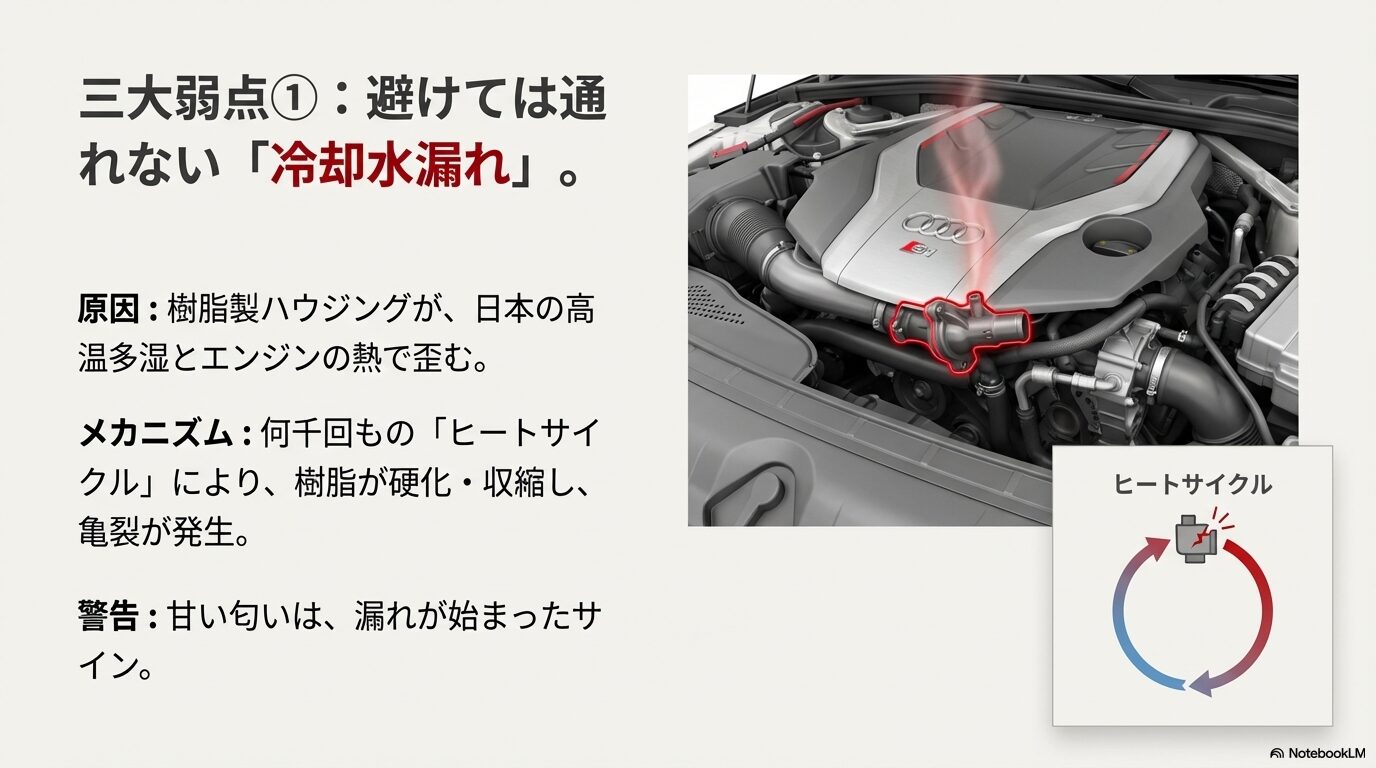 アウディS1 冷却水漏れ 原因 サーモスタットハウジング 樹脂 ヒートサイクル