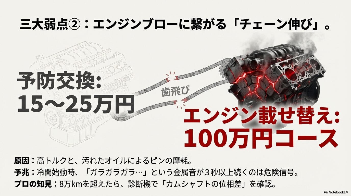 アウディS1 タイミングチェーン 伸び 異音 修理費用 エンジンブロー