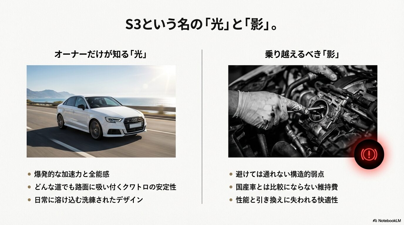 アウディS3の魅力的なパフォーマンスと知っておくべき故障リスクの対比" title="アウディS3の光と影：オーナーシップの現実
