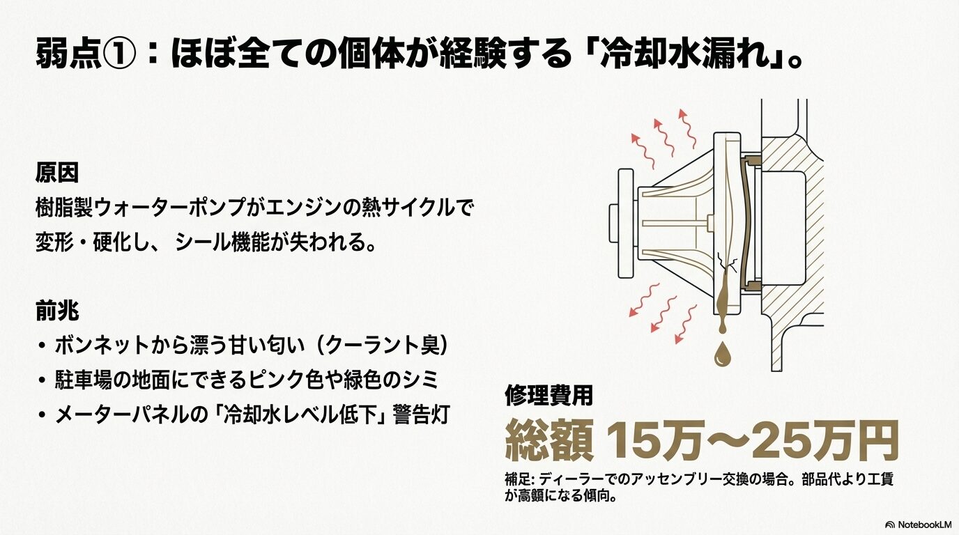 アウディS3の樹脂製ウォーターポンプが熱変形して水漏れを起こす仕組み" title="冷却水漏れの原因：樹脂パーツの熱変形
