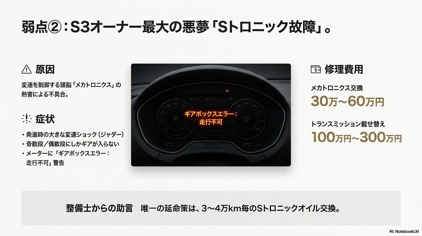 アウディS3のメーターに表示されるギアボックスエラーと走行不可の警告" title="Sトロニック故障時の警告表示と修理費用目安