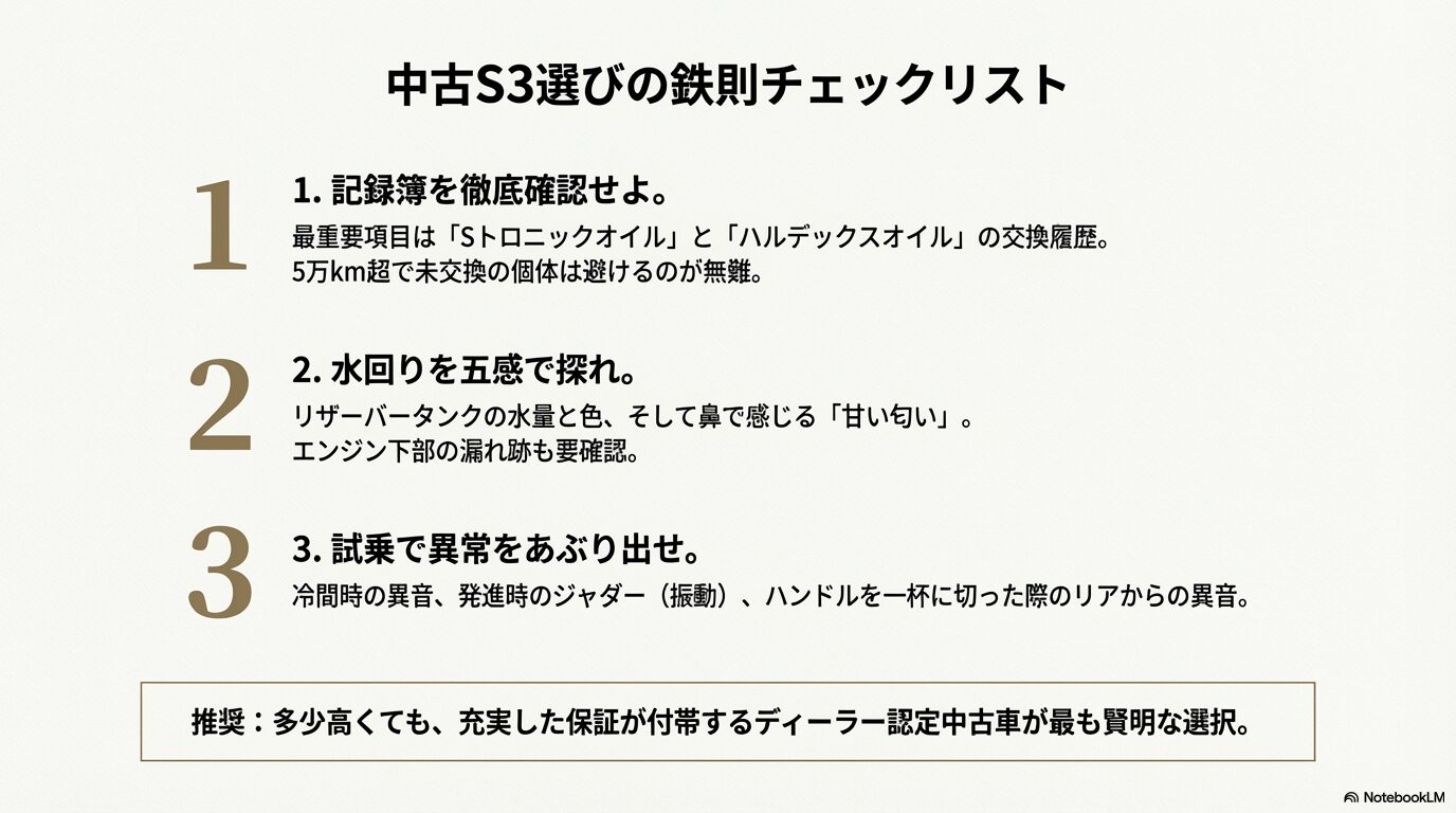 中古のアウディS3購入時に確認すべき3つの鉄則：記録簿、水回り、試乗" title="失敗しない中古S3選びの鉄則チェックリスト
