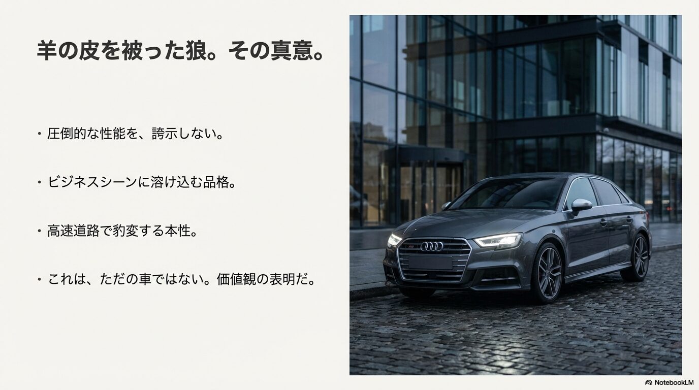 都市部のビル群を背景に停車するグレーのアウディS3セダンの外観画像。