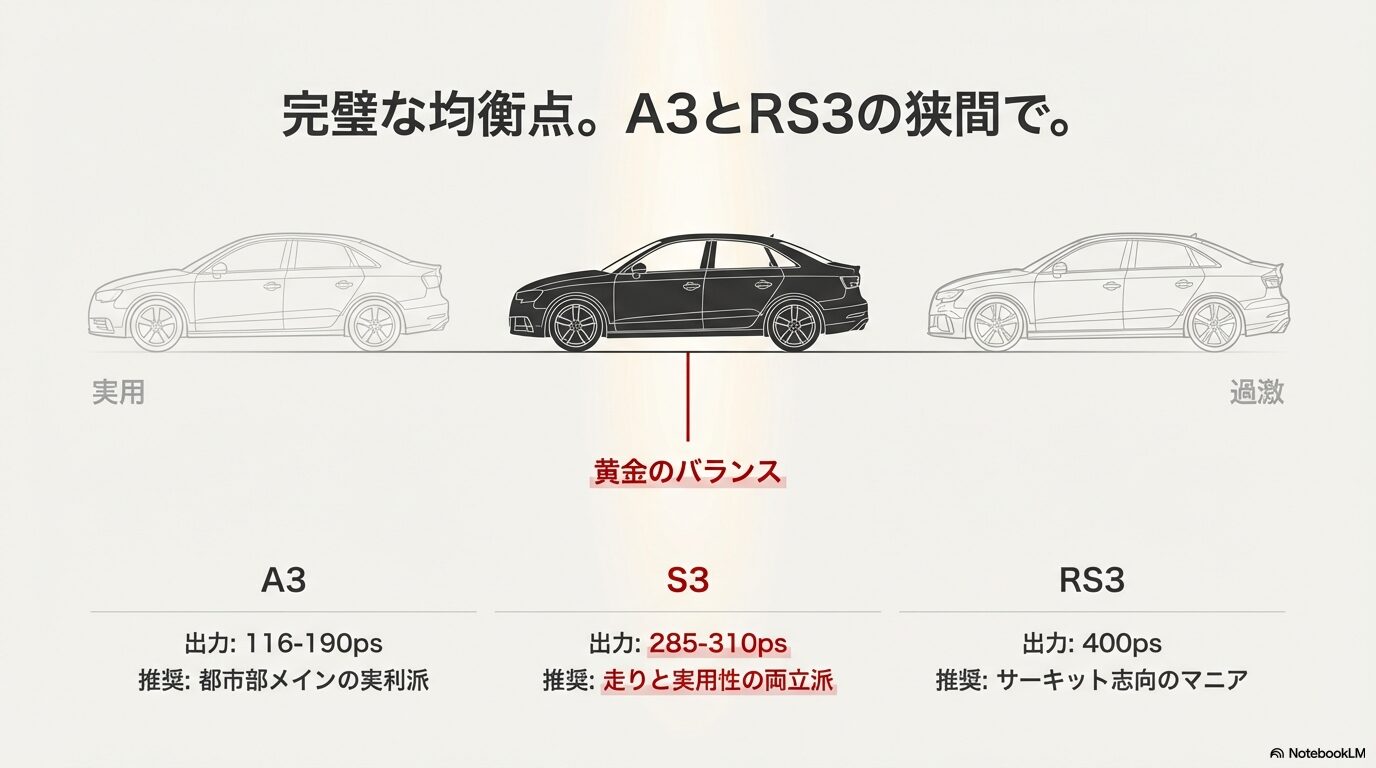 A3の実用性とRS3の過激さの中間に位置する、S3の「黄金のバランス」を示すポジショニングマップ。