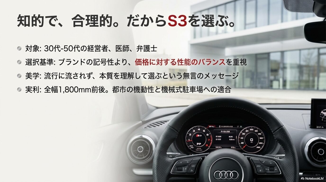30代から50代の専門職や経営者を対象とした、合理的で本質を重視するS3オーナーのペルソナ紹介。