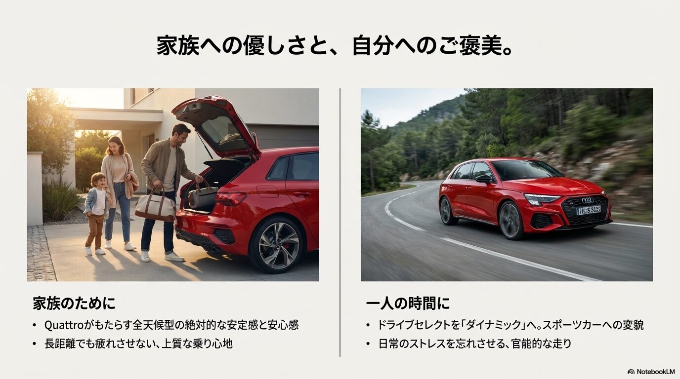 家族で荷物を積み込む日常のシーンと、ワインディングを走行するダイナミックなシーンを組み合わせたイメージ。