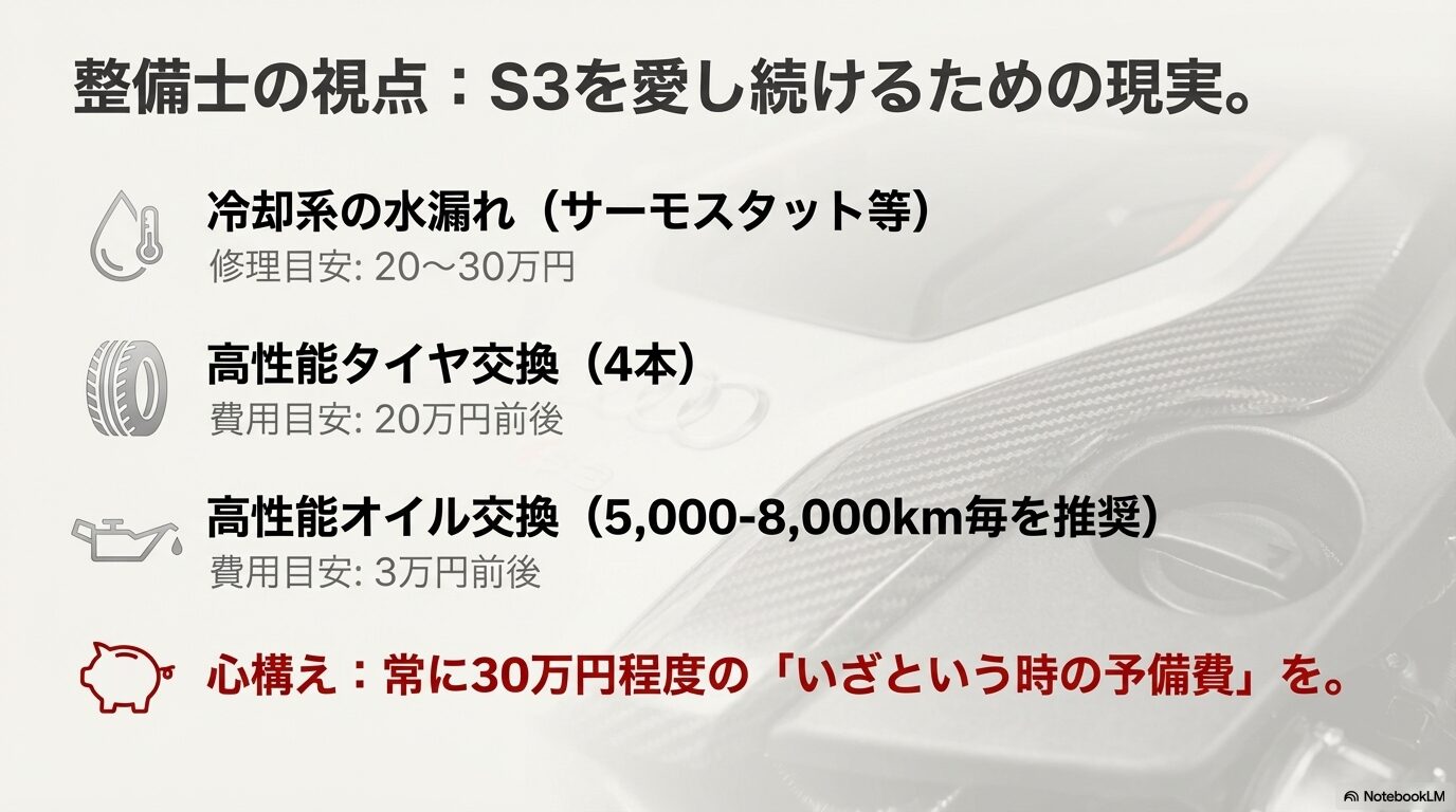 冷却系の水漏れ修理やタイヤ・オイル交換の費用目安、および予備費確保の重要性を示すリスト。