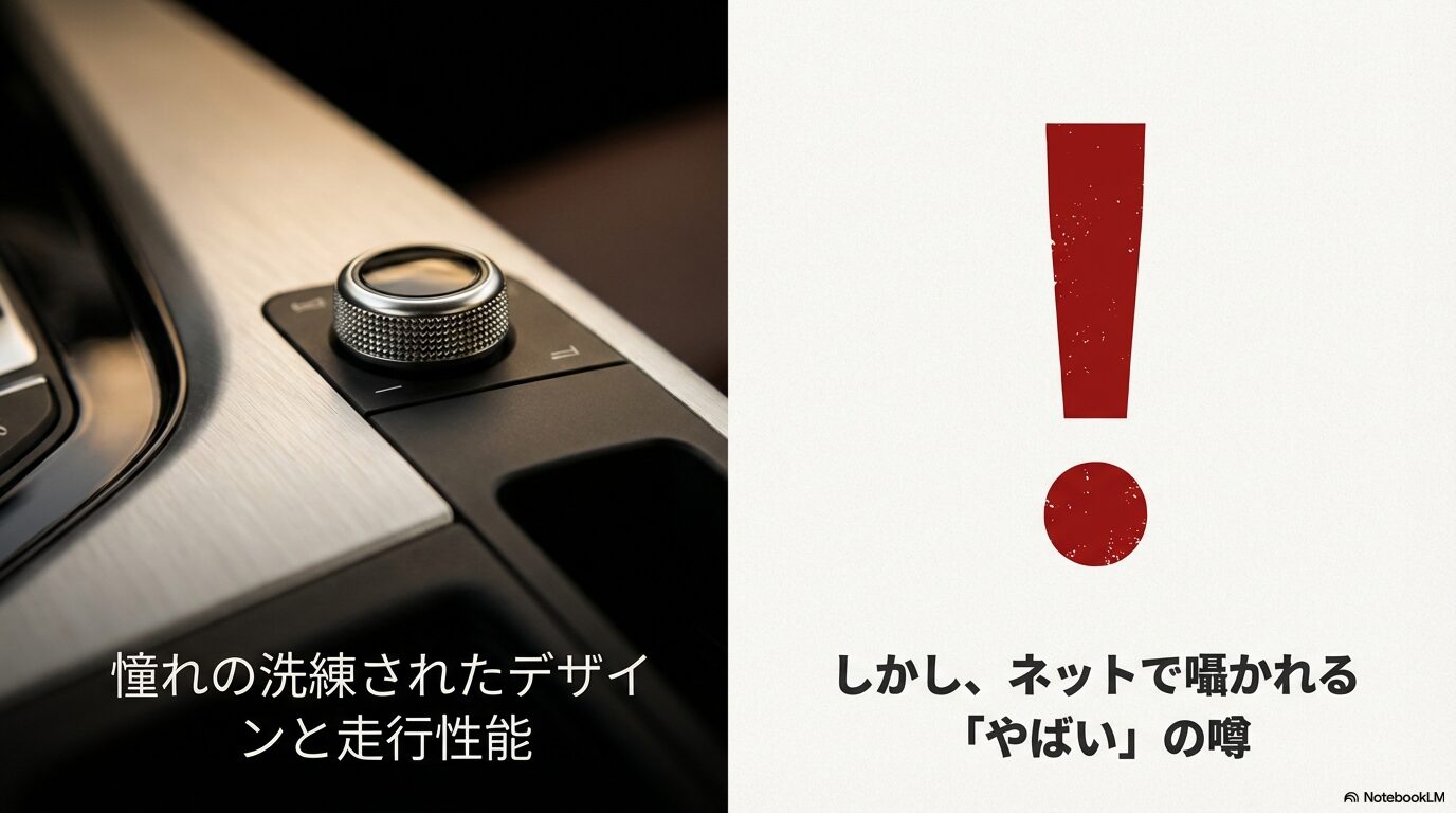 アウディへの憧れとネット上の「やばい」という噂の対比スライド