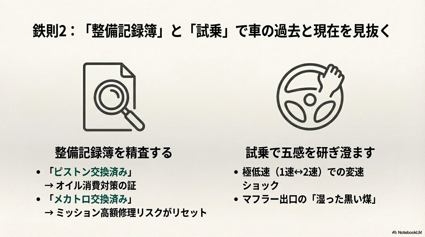 整備記録簿のチェックポイント（ピストン・メカトロ交換）と試乗の重要性