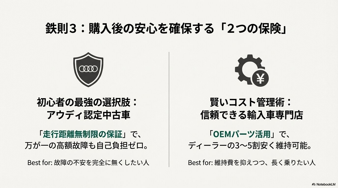 アウディ認定中古車と輸入車専門店の活用による安心とコスト管理術
