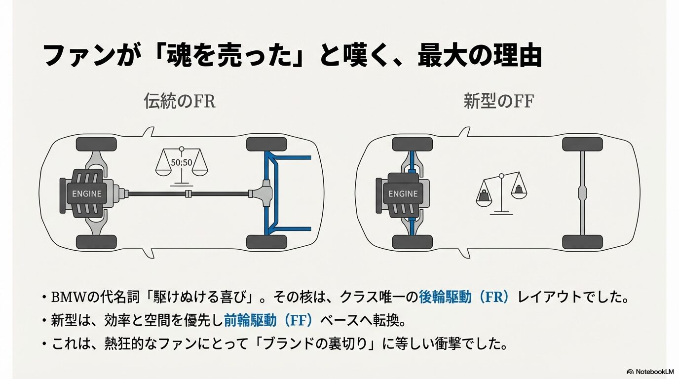 BMW 1シリーズの伝統的な後輪駆動（FR）と新型の前輪駆動（FF）のエンジン配置と重量配分の違い