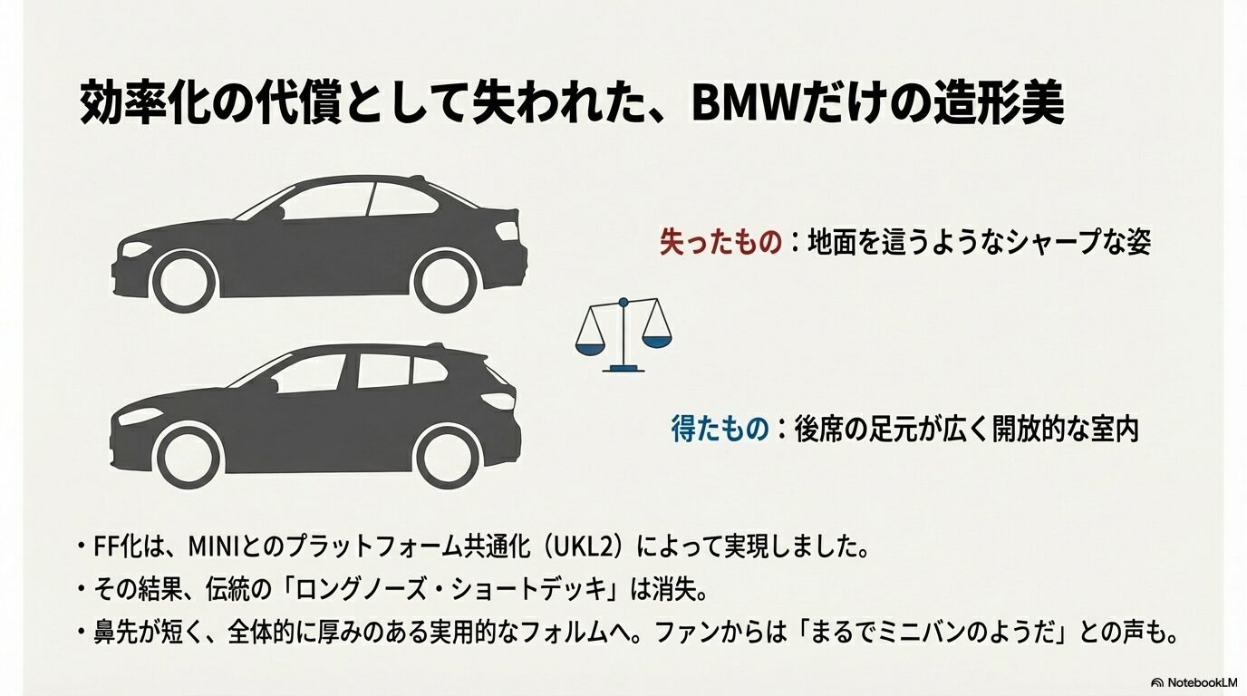 FF化により失われたロングノーズの造形美と、得られた広い室内空間のメリット解説スライド