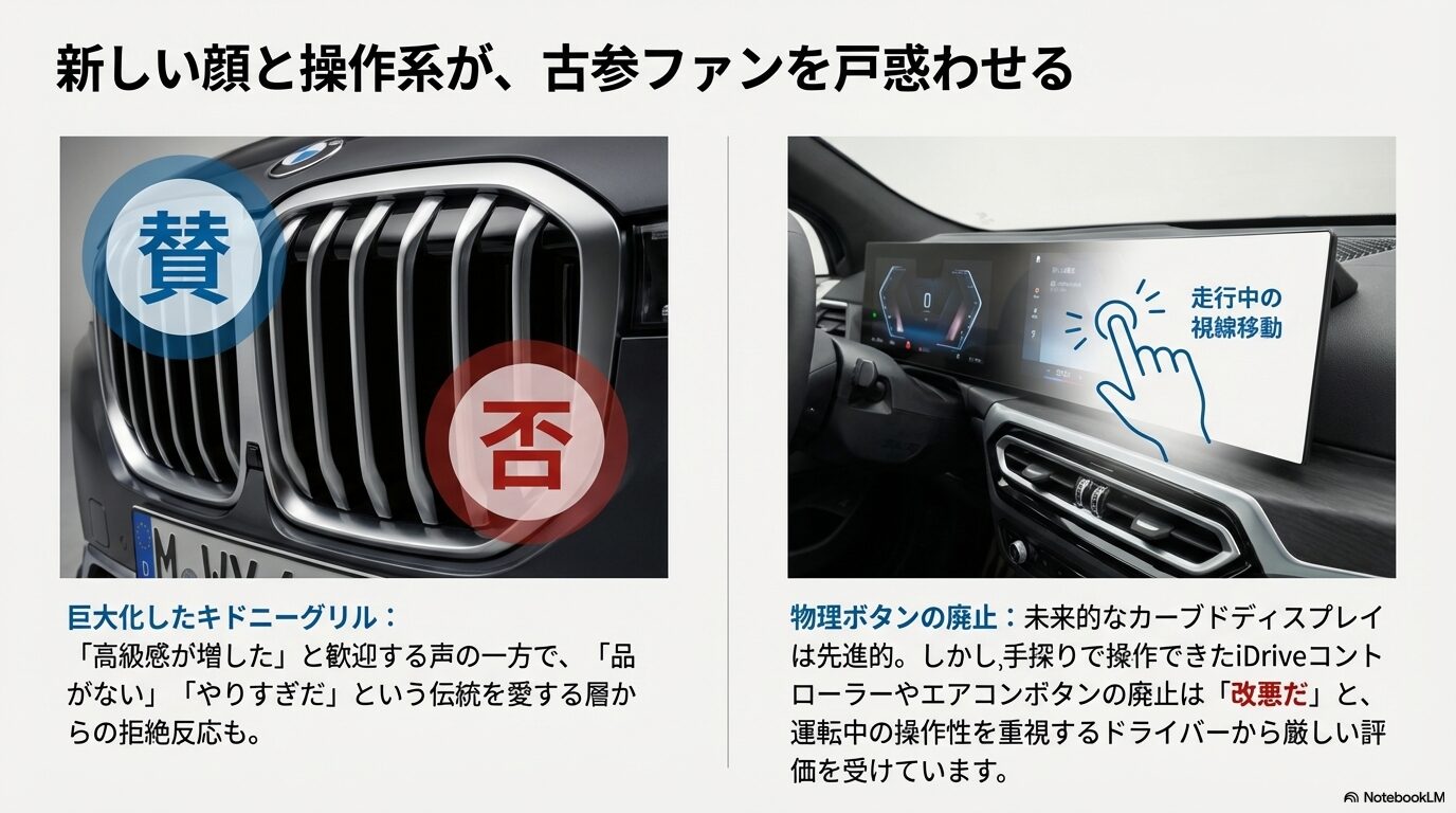 BMW 1シリーズの大型キドニーグリルと物理ボタン廃止による操作性の変化に関する評価スライド