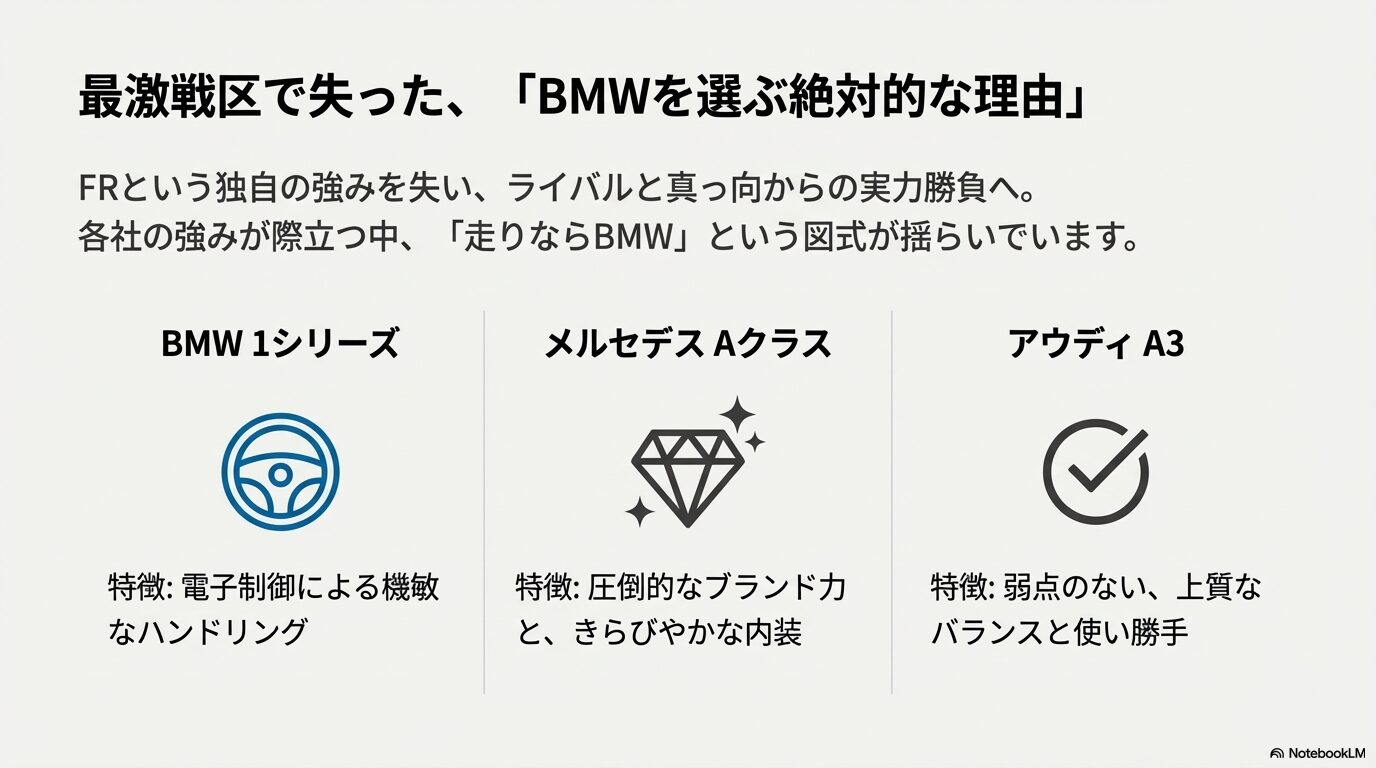 BMW 1シリーズ、メルセデスAクラス、アウディA3の各社の強みと走りの特徴を比較した図解