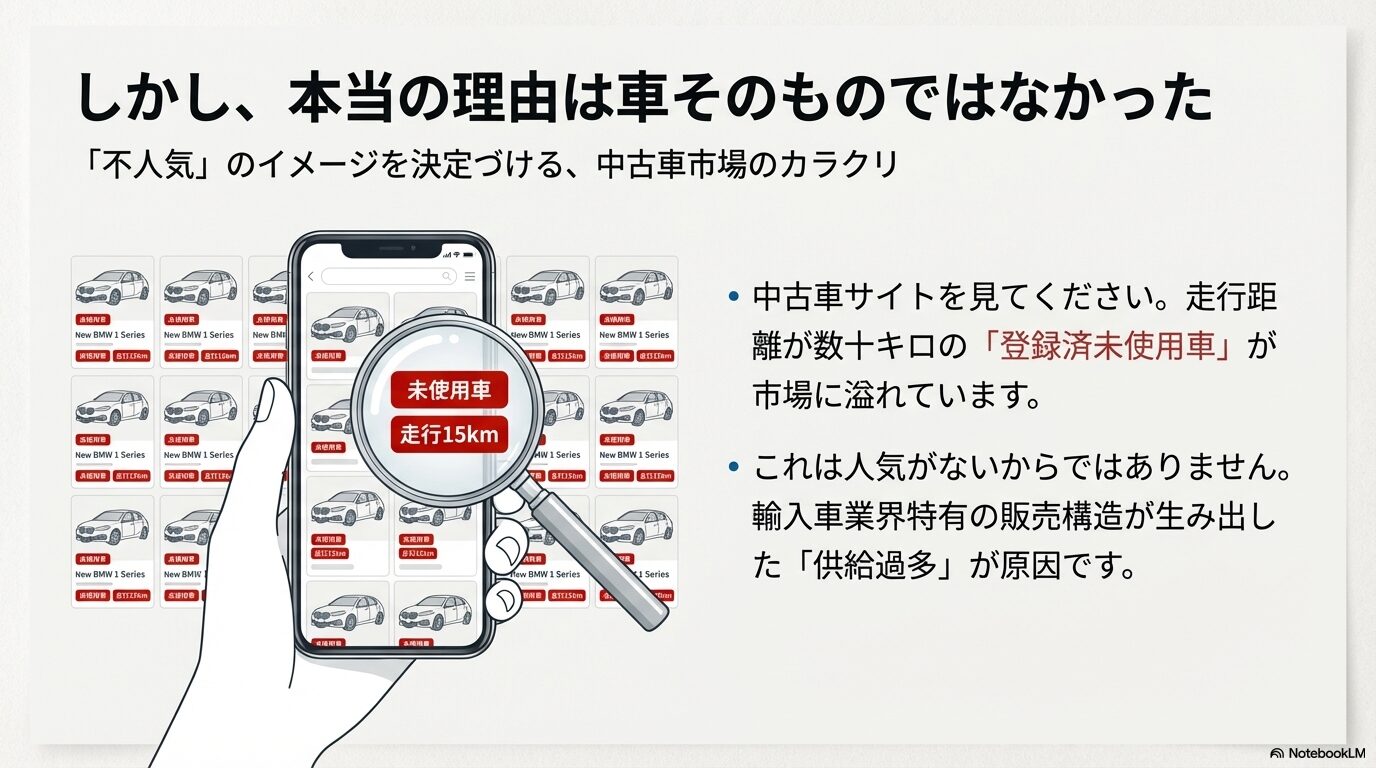 中古車市場に「登録済未使用車」が大量に流通している現状を示すイメージ画像