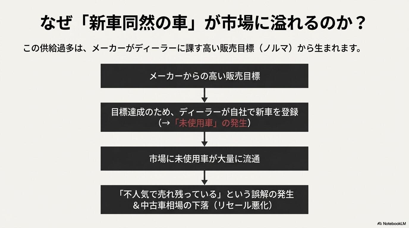 メーカーのノルマ達成のための自社登録が、不人気の誤解とリセール悪化を招く構造の図解