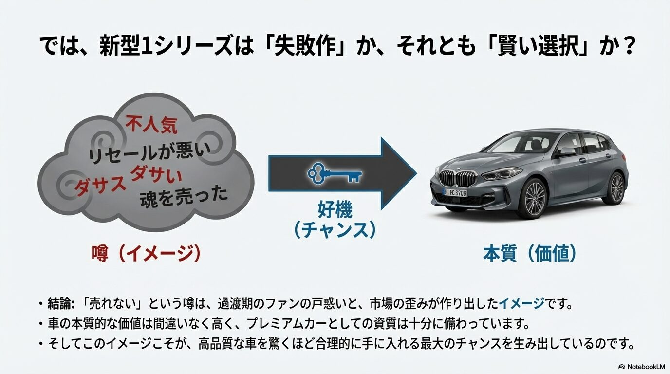 ネット上の不人気のイメージと、実際の車が持つ高い本質的価値を比較したまとめスライド
