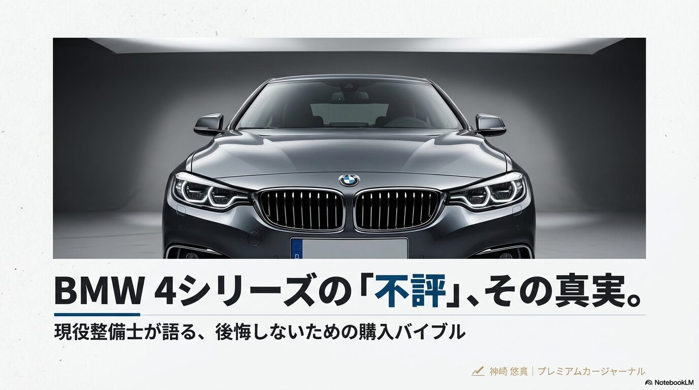 BMW 4シリーズの不評の真相を現役整備士が解説するスライドの表紙画像。