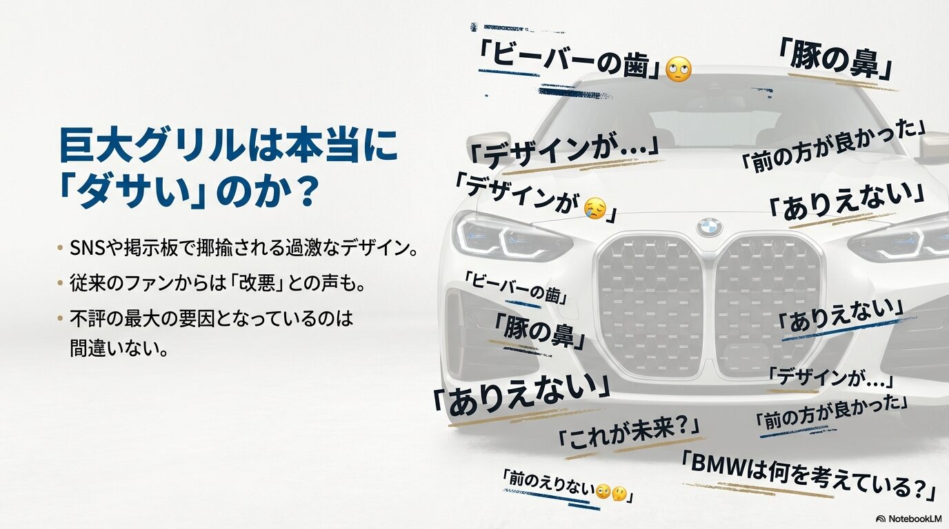 BMW 4シリーズの巨大グリルが「豚の鼻」や「ビーバーの歯」と揶揄されるなどの不評の声をまとめたスライド。