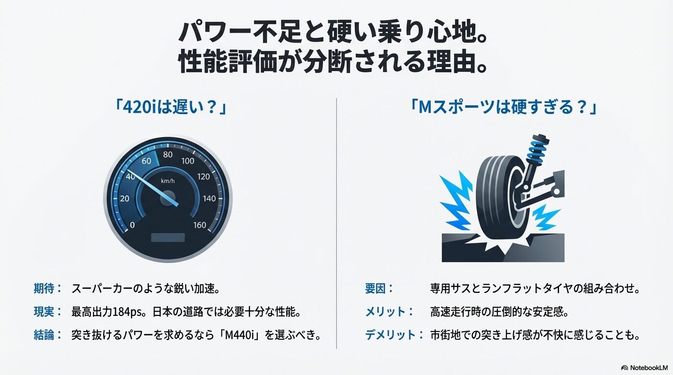 420iの加速性能への期待と現実、およびMスポーツのサスペンションが硬く感じる要因を比較した性能評価スライド。