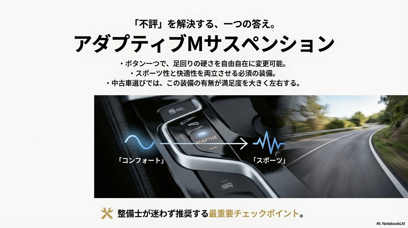 ボタン一つでコンフォートとスポーツを切り替えられるアダプティブMサスペンションの操作スイッチと機能解説。