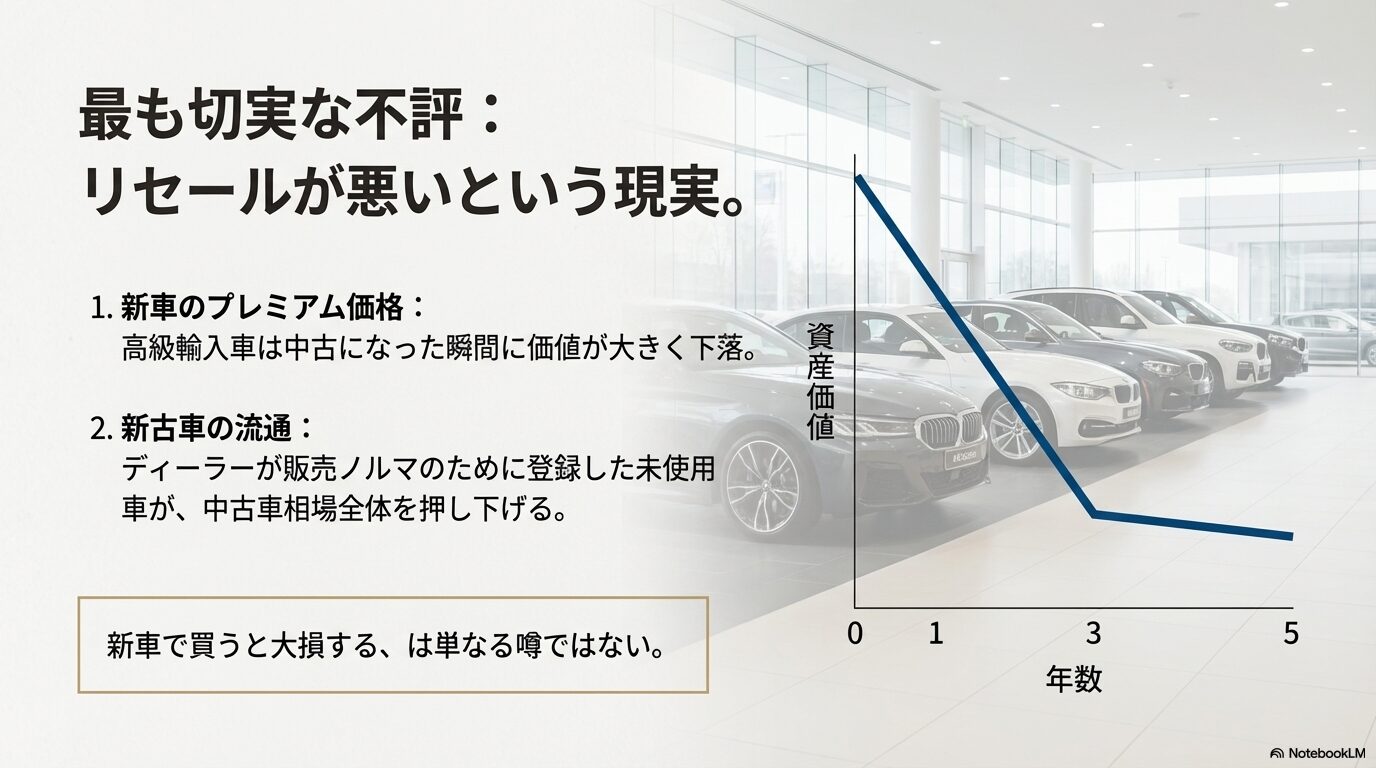新車のプレミアム価格と新古車の流通が中古車相場を押し下げる仕組みを示した資産価値の推移図。